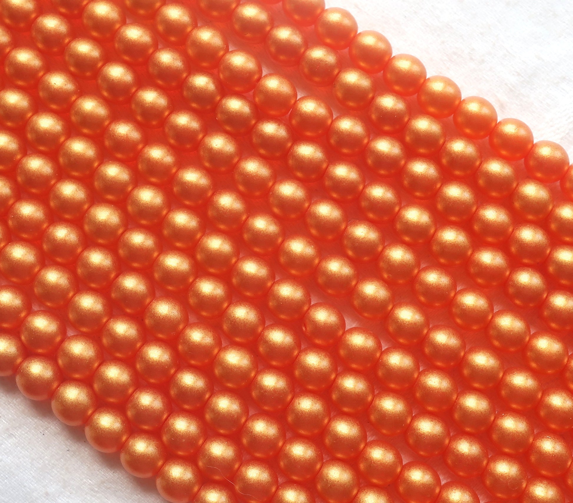 50 6mm Czech glass beads, Sueded Gold Lame Hyacinth, bright orangem tangerine, smooth round druk beads C4950 - Glorious Glass Beads