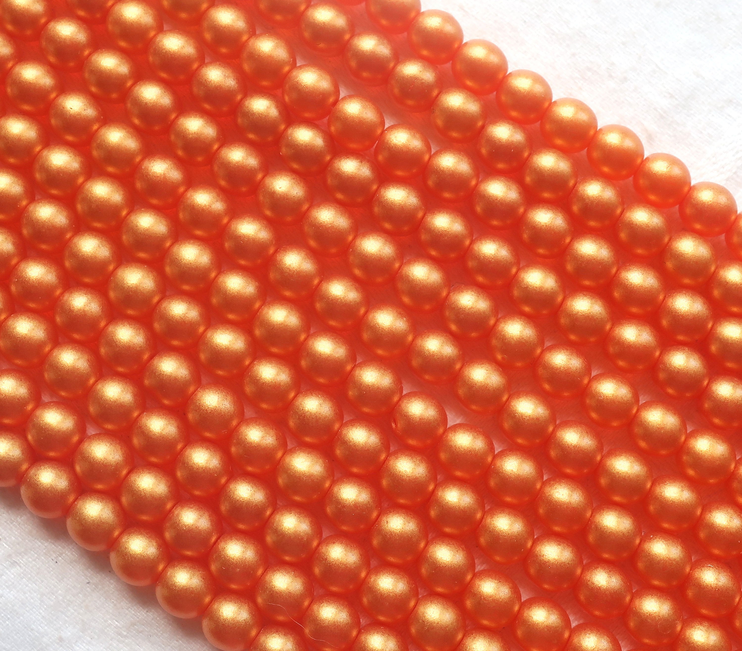 50 6mm Czech glass beads, Sueded Gold Lame Hyacinth, bright orangem tangerine, smooth round druk beads C4950 - Glorious Glass Beads