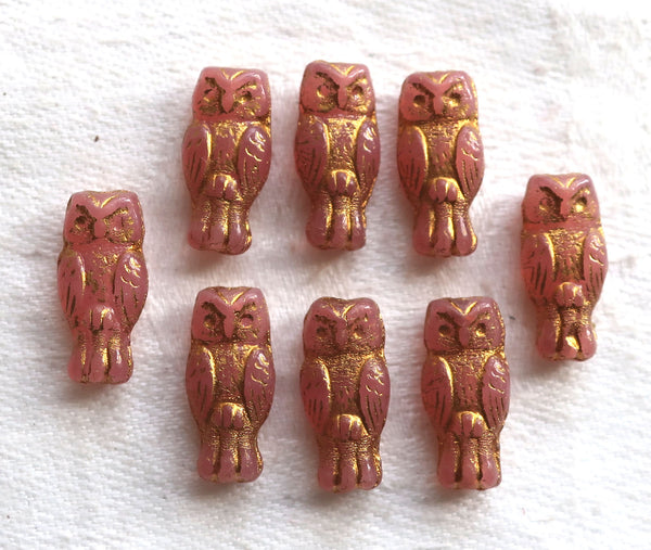 Lot of 10 small Czech glass owl beads, Rose Gold, translucent rosaline pink with a gold wash, two sided earring beads, 15mm x 7mm 0801 - Glorious Glass Beads