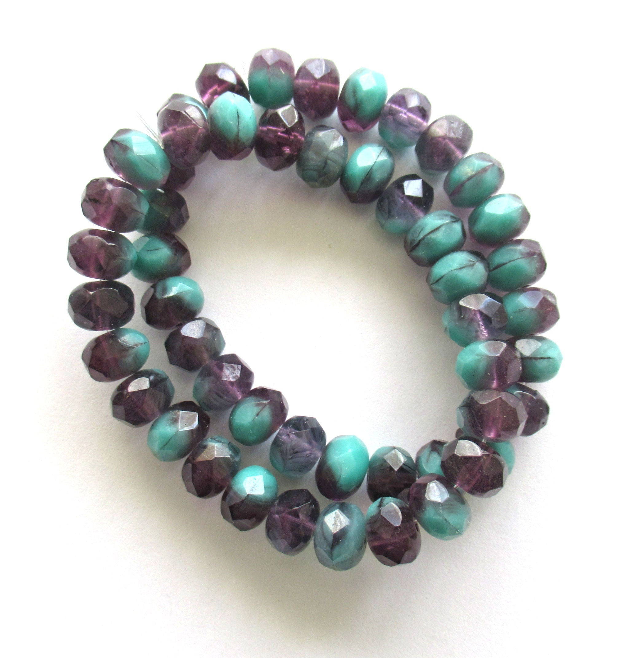 25 Czech glass puffy rondelle beads - 6 x 9mm transparent purple / tanzanite & opaque turquoise blue green color mix faceted rondelles 00662