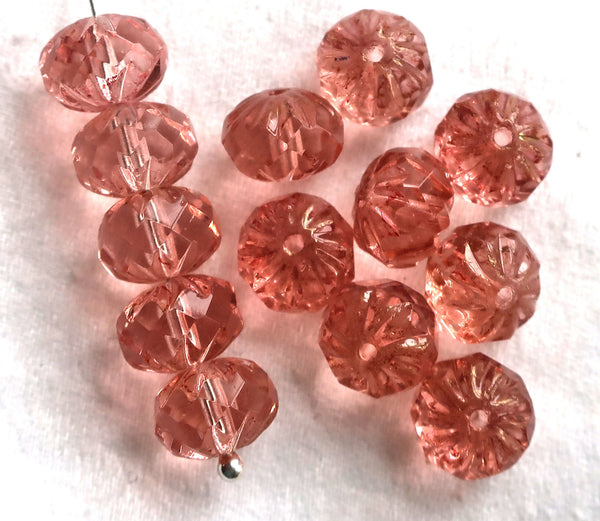 Ten Czech glass faceted, carved cruller beads, 7 x 10mm transparent rosaline pink rondelles, sale price 9801