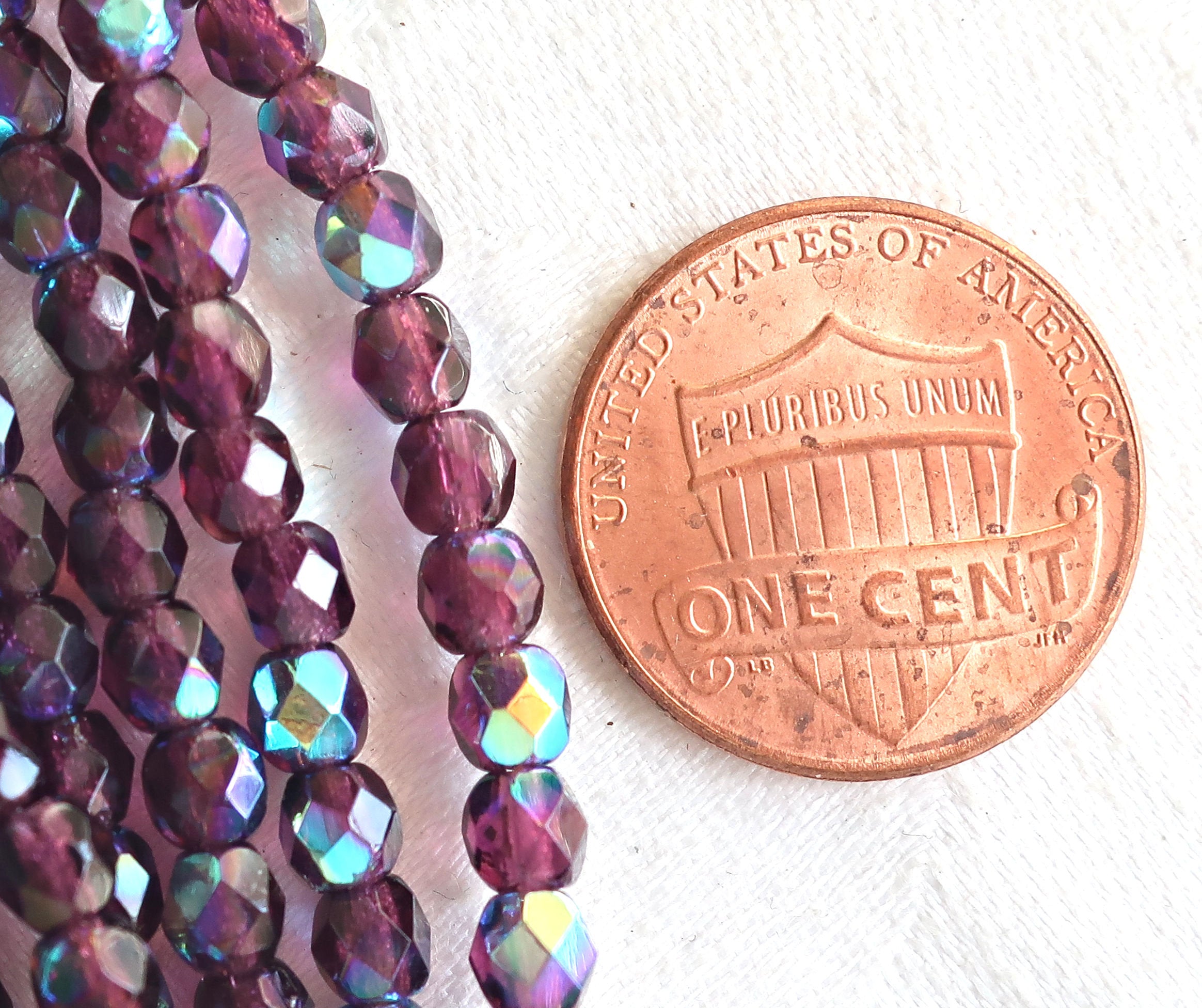 Lot of 50 4mm Dark Amethyst AB Czech glass beads, purple, amethyst, firepolished, faceted round beads, C8550 - Glorious Glass Beads