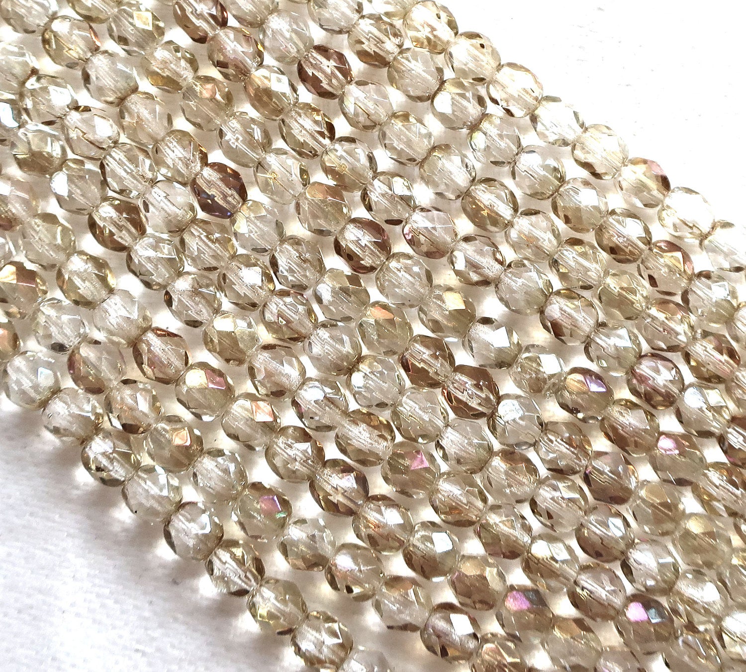 Lot of 50 4mm Czech Twilight Crystal Neutral AB glass beads, speckled firepolished faceted round beads C1650 - Glorious Glass Beads