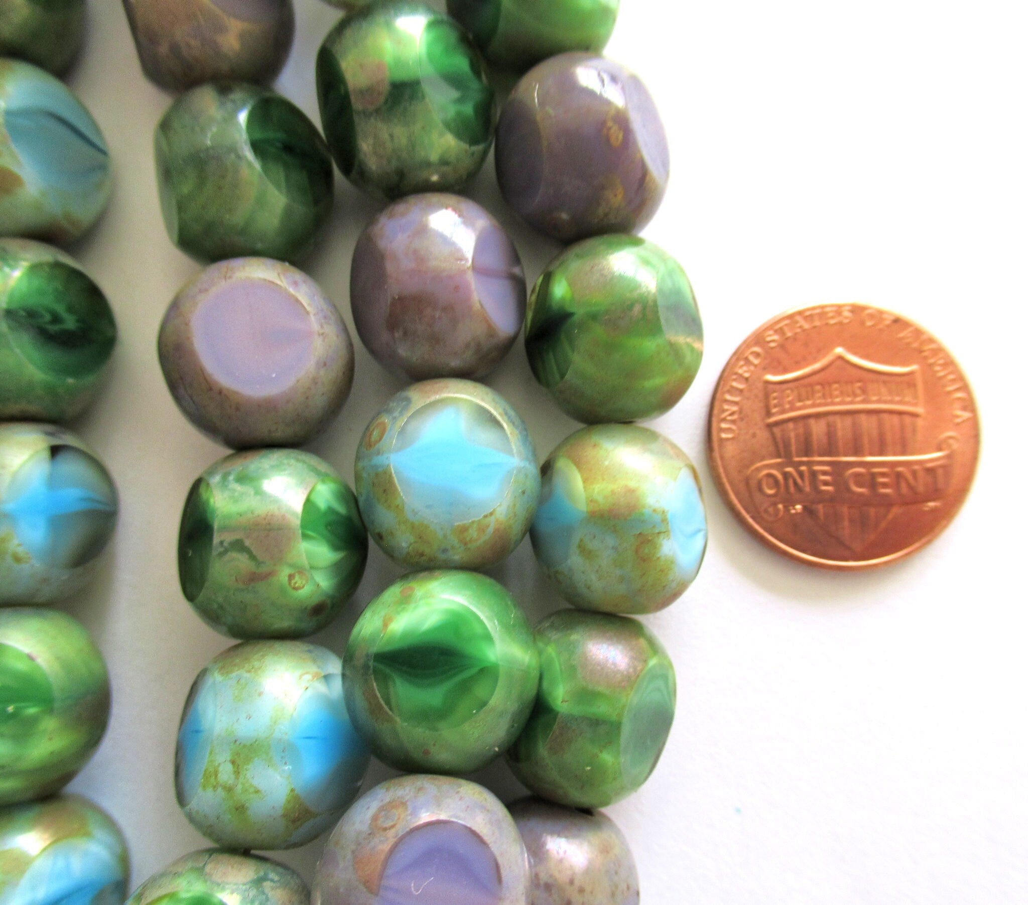 Twenty 12mm Czech glass beads - table cut Tri-cut opaque blue green purple color mix with a picasso finish window beads - C00424
