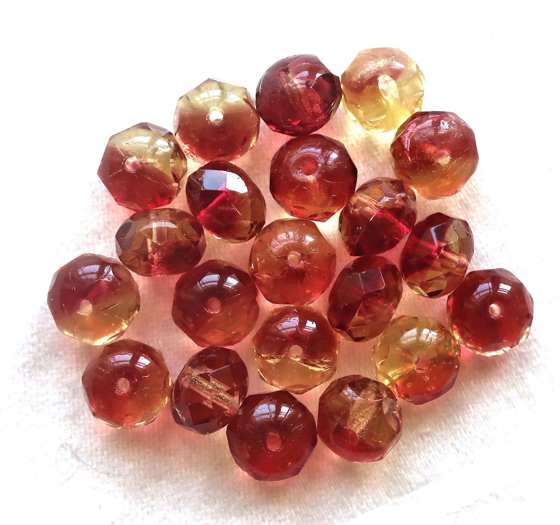 25 Czech glass faceted puffy rondelles, 6 x 8mm transparent champagne yellow & deep pink mix, rondelle beads on sale 57101 - Glorious Glass Beads