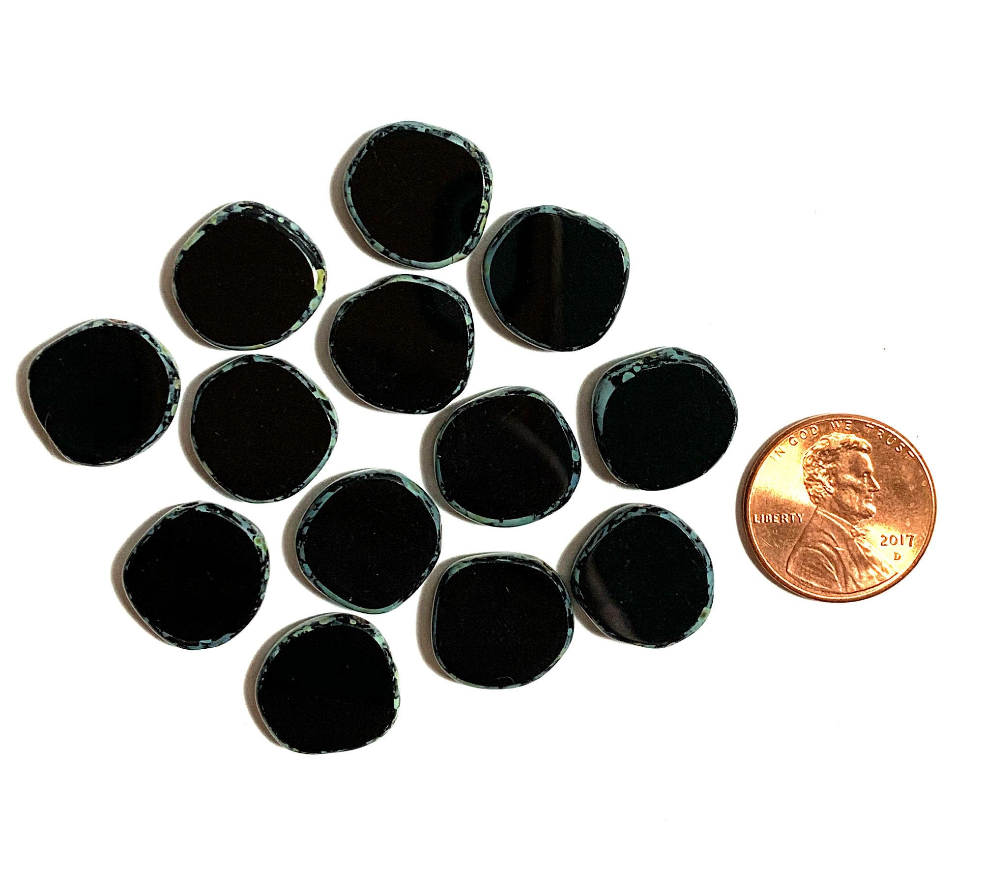 Six 15mm Czech glass asymmetrical coin or disc beads - jet black picasso table cut rustic earthy beads - C0601