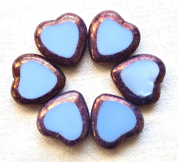 Six large Czech glass heart beads; 16mm table cut, opaque, sky blue hearts with bronze picasso finish C62106