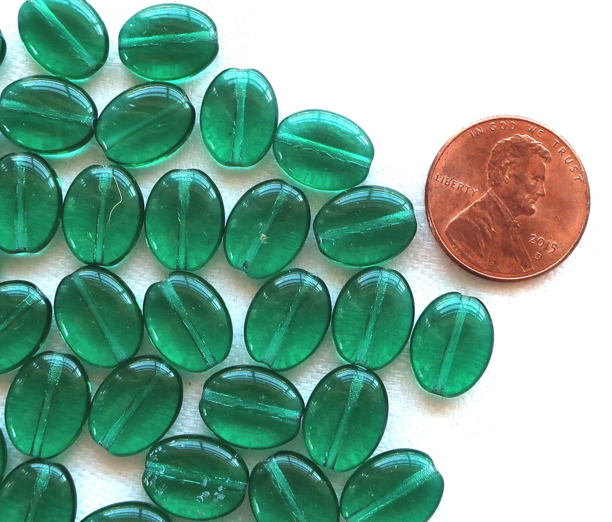 25 Teal Green flat oval Czech Glass beads, 12mm x 9mm pressed glass beads C7425 - Glorious Glass Beads