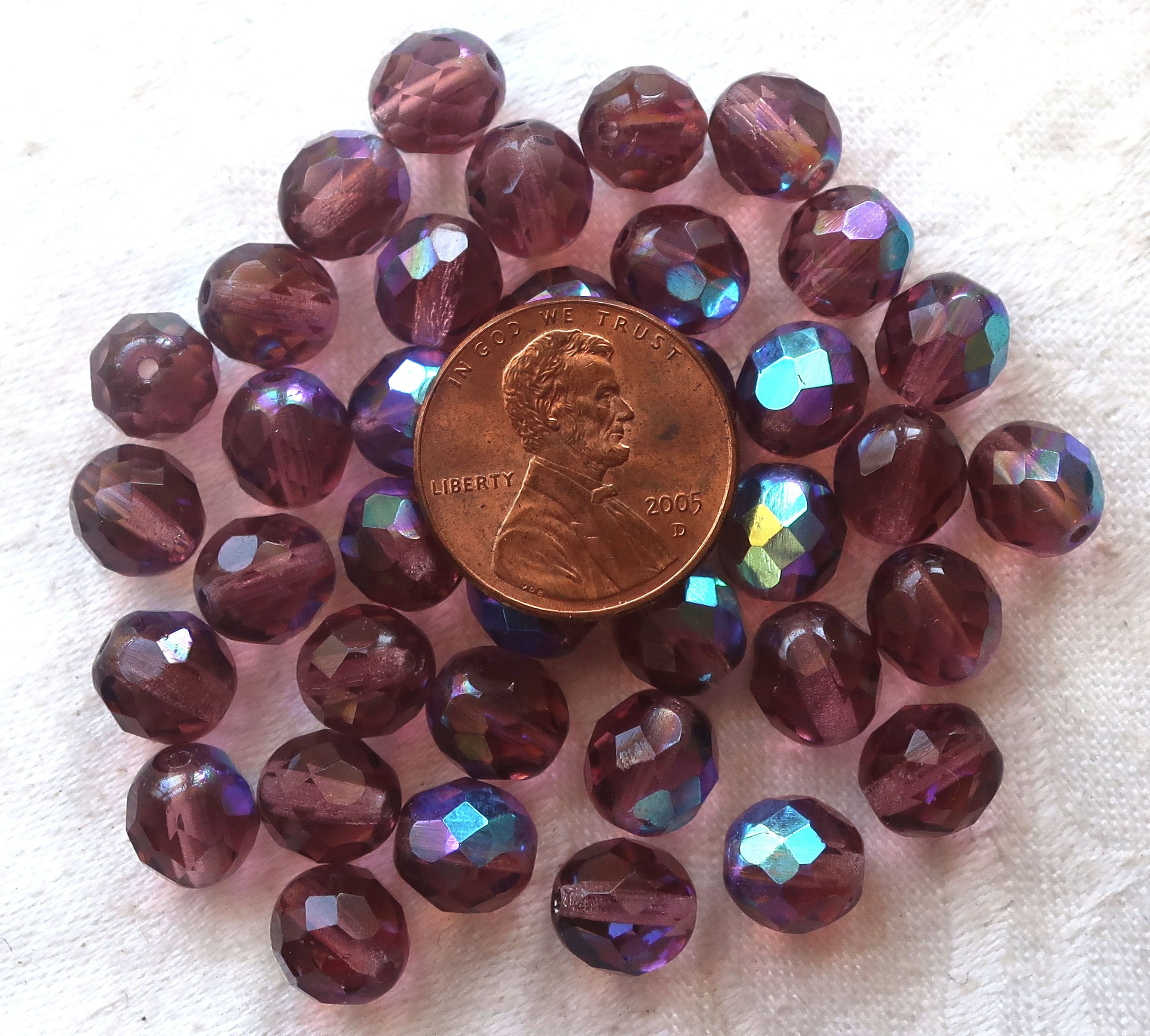 Lot of 25 8mm Medium Amethyst, Purple AB Czech glass beads, firepolished faceted round glass beads C1650 - Glorious Glass Beads