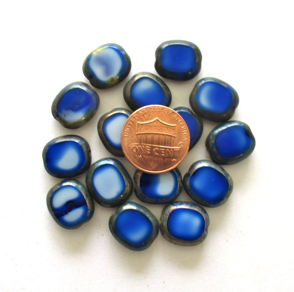 Six Czech glass oval beads - thick 14 x 12mm opaque marbled royal blue & white glass table cut window beads with picasso accents C00231