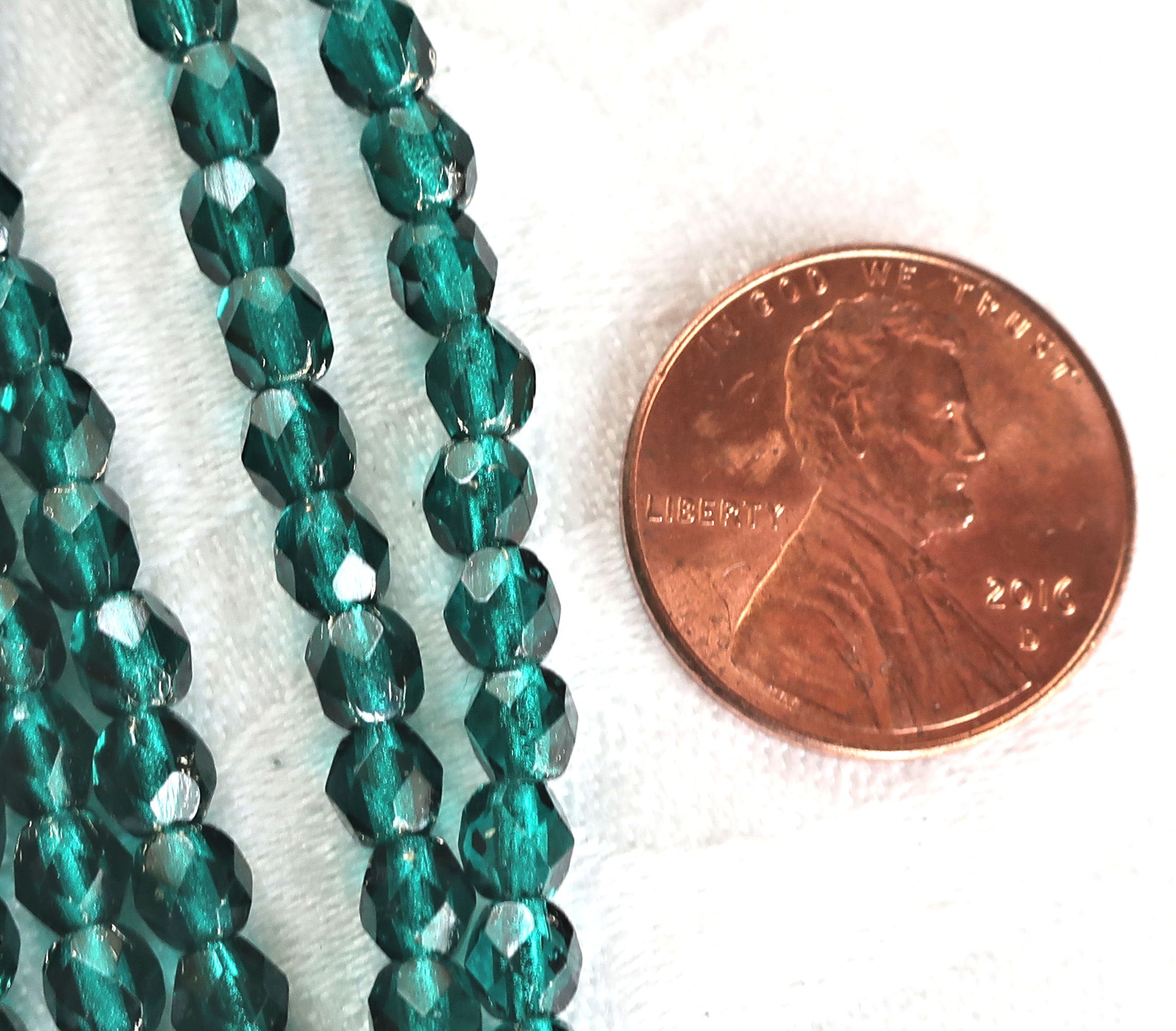 Lot of 50 4mm Viridian Silver Lined Czech glass beads, teal, blue green firepolished faceted round beads C4450 - Glorious Glass Beads