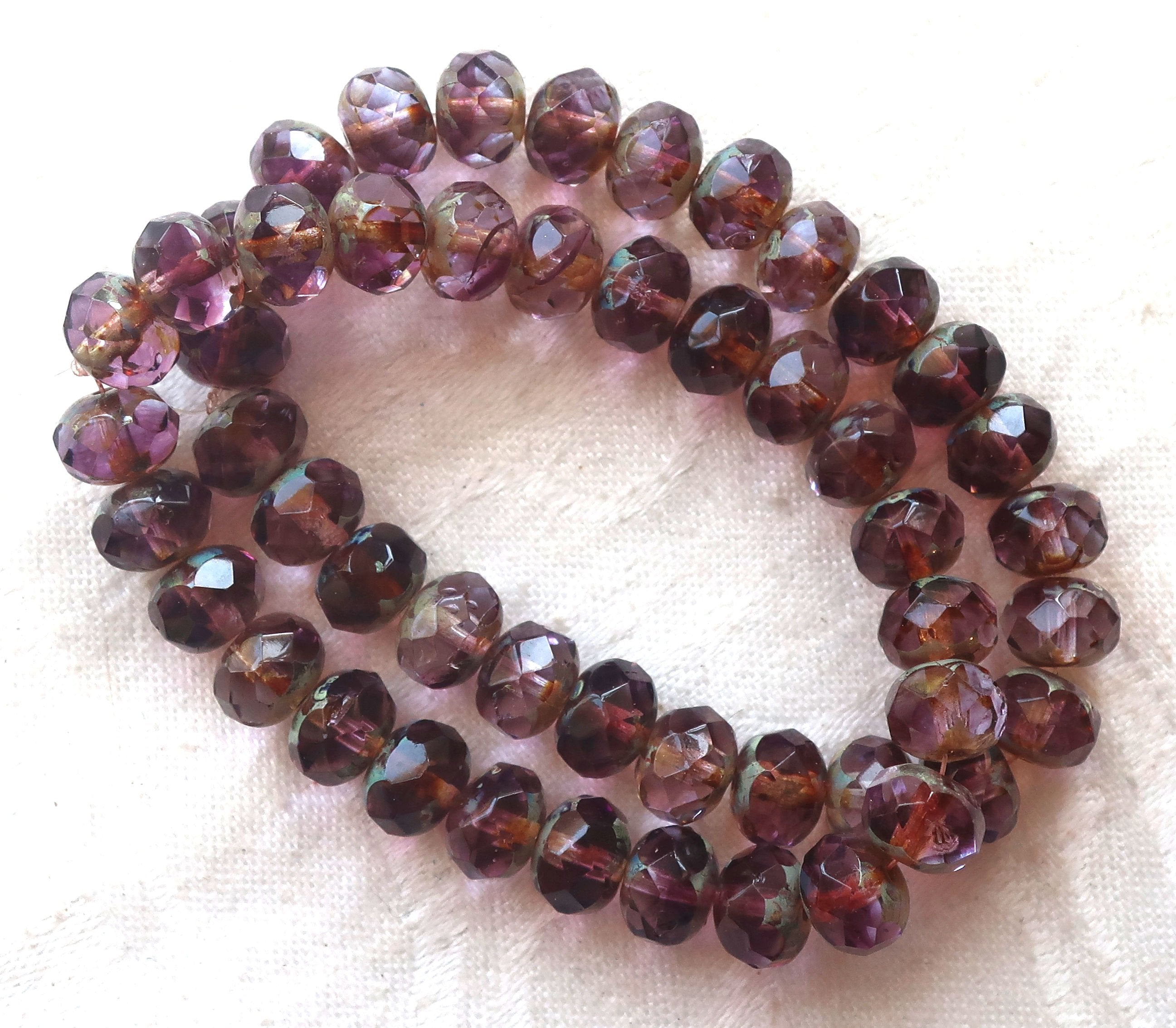 Lot of 25 Czech glass faceted puffy rondelles, 6 x 8mm transparent marbled amethyst, purple & lavender picasso, rondelle beads 00301 - Glorious Glass Beads