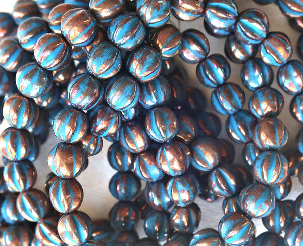25 Czech 6mm glass melon beads, metallic bronze with a turquoise wash, earthy, rustic, pressed beads 52101