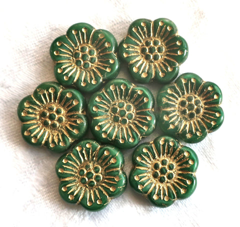 Lot of 5 large 18mm opaque green and gold Czech glass flower beads, forest green pressed glass flower beads, 83101 - Glorious Glass Beads