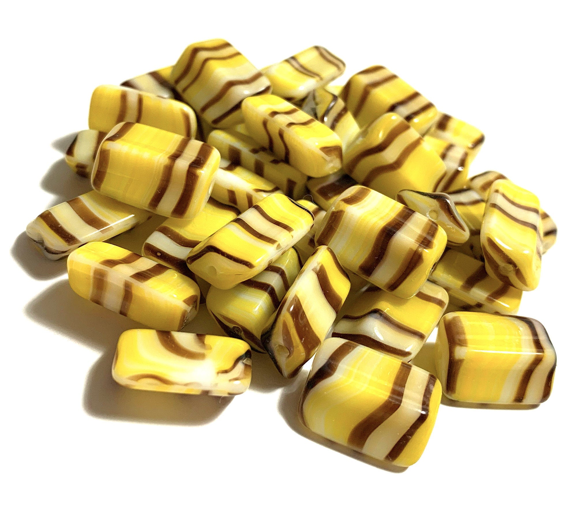 Six Czech glass rectangle beads - 16 x 12mm yellow, brown, and white striped - 4-sided diamond shaped large, chunky rectangle beads C0005