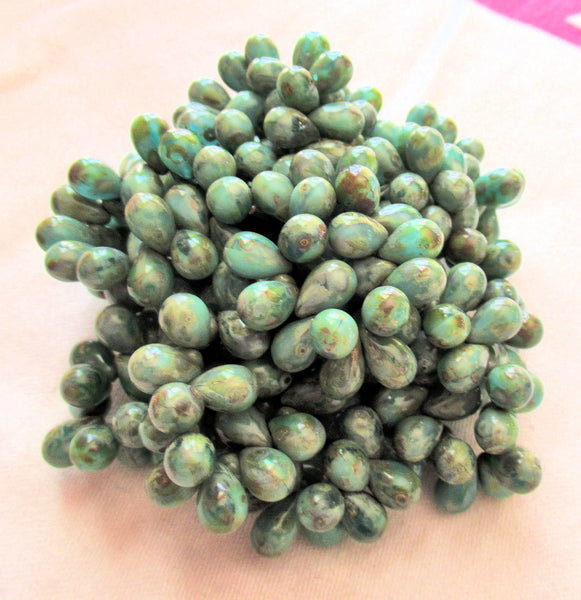 25 Czech glass drop beads - opaque & transparent turquoise green mix w/a picasso finish - smooth teardrop beads - 9 x 6mm C82101