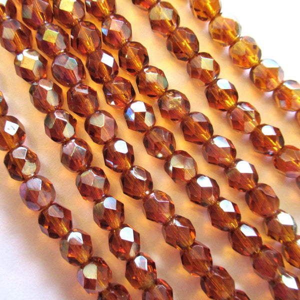 25 faceted round Czech glass beads - 6mm fire polished topaz (brown) celsian beads - C0025