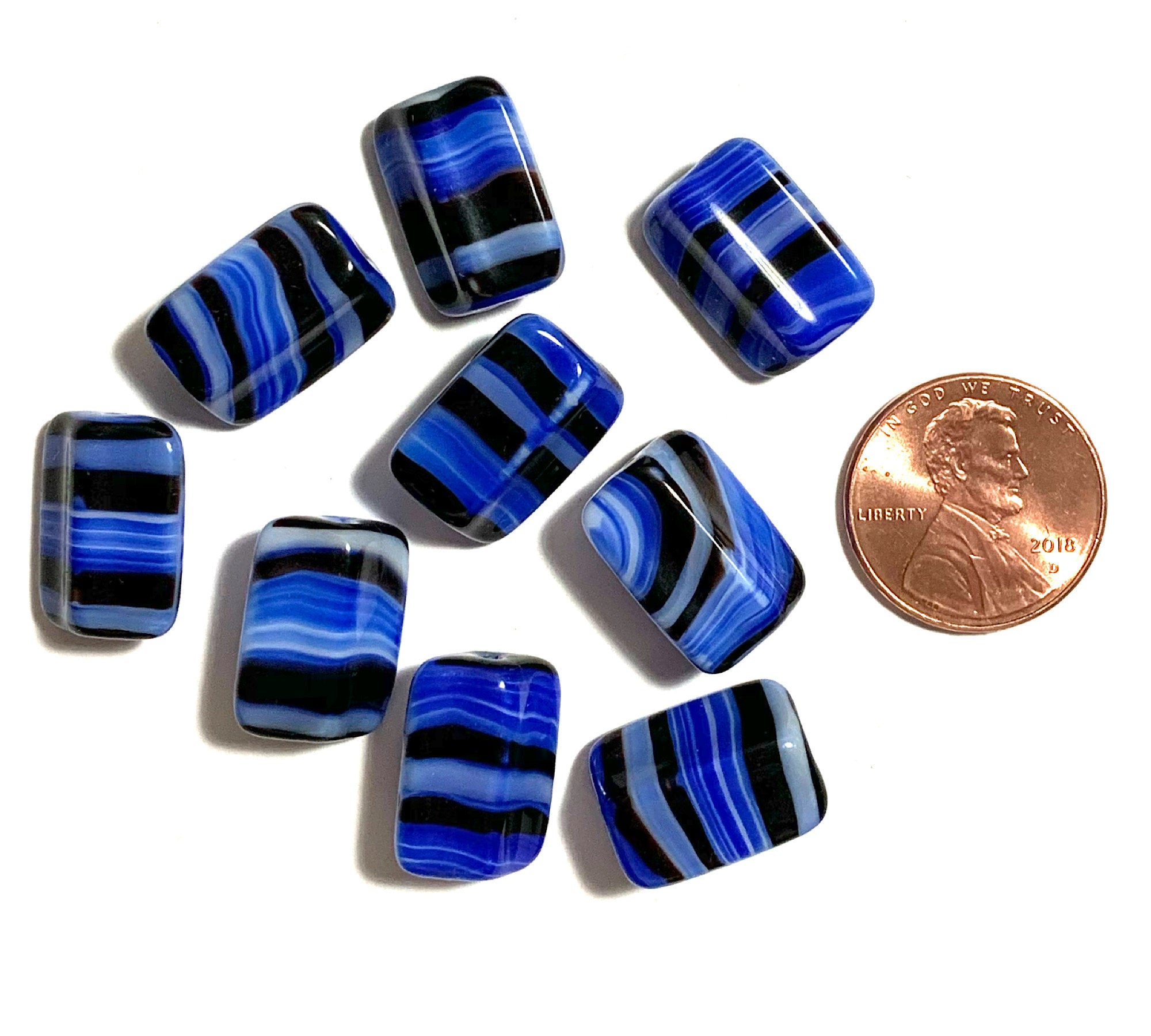 Ten Czech glass rectangle beads - 16 x 12mm blue, black, and white striped - 4-sided diamond shaped large, chunky rectangle beads C0005