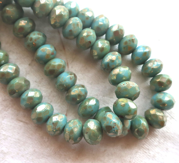 25 Opaque sky blue Picasso puffy rondelles beads, 6 x 8mm rustic. earthy, faceted Czech glass rondelles C07201