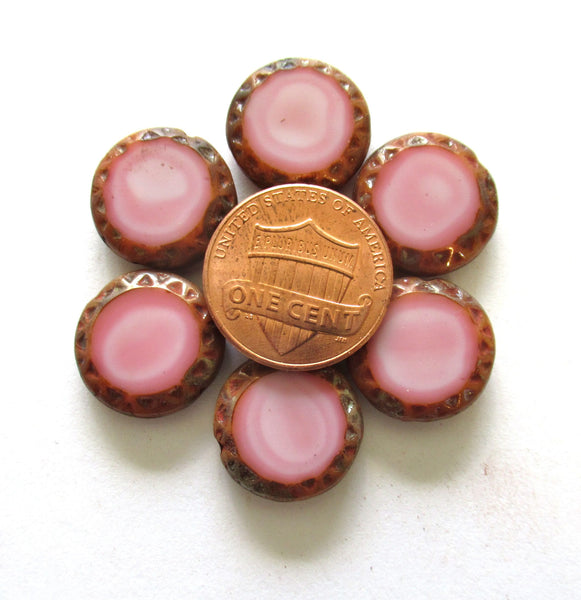 Six 16mm Czech glass coin or disc beads - marbled silky pink picasso beads - table cut carved beads w/ textured edges - C00941