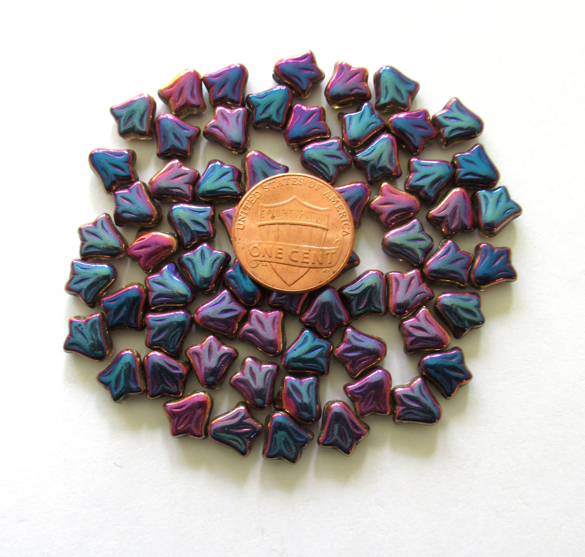 Lot of 25 9mm Czech glass flower beads - blue, pink & purple metallic rainbow pressed glass lily flower beads C0088
