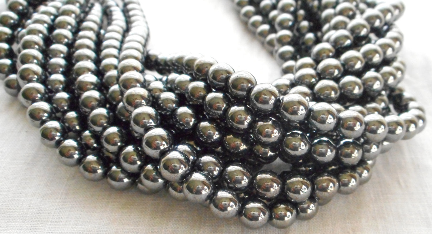 Lot of 50 Czech glass druks - 6mm Gray Metallic Hematite smooth roundround druk beads,C9850 - Glorious Glass Beads