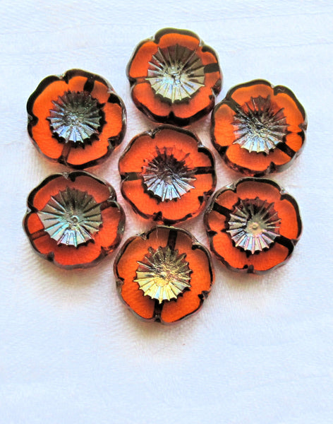 Five 16mm Czech glass flower beads - table cut, carved, transparent burnt orange picasso Hawaiian flower beads C76105