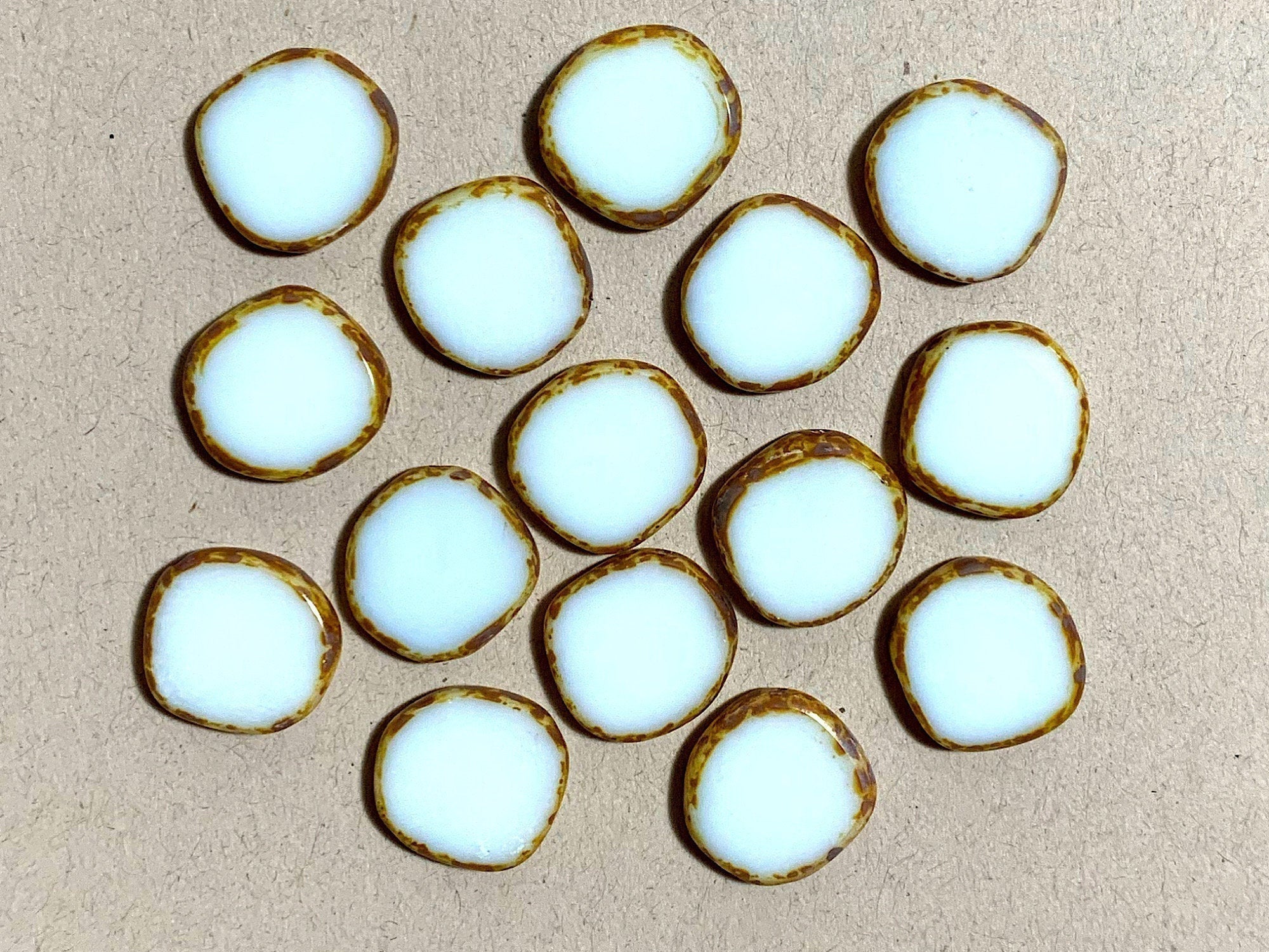 Six 15mm Czech glass asymmetrical coin or disc beads -opaque white picasso table cut beads - C0231