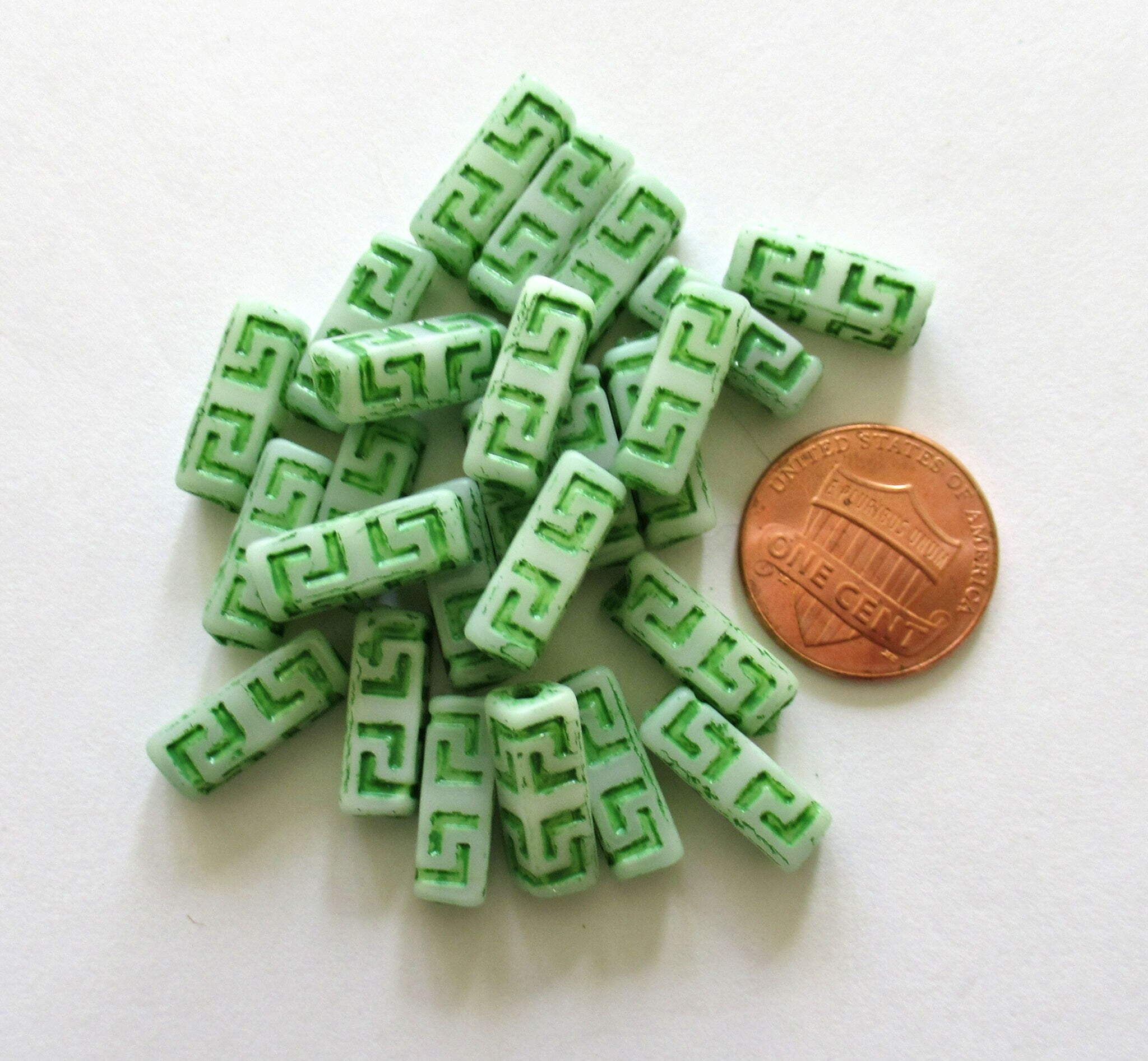 12 Czech glass beads - squared tube beads - Celtic block beads - white with a green wash - 15 x 5mm C0045