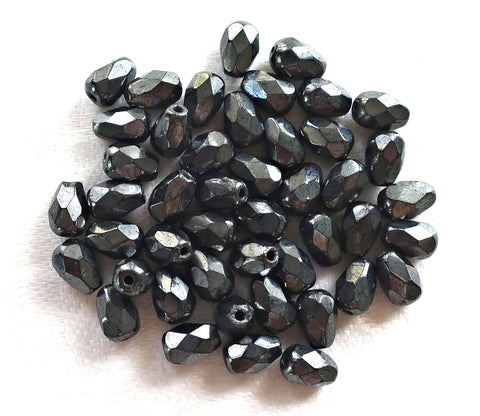 Lot of 25 7 x 5mm Hematite, metallic gray teardrop beads, faceted firepolished Czech glass tear drops C5801 - Glorious Glass Beads