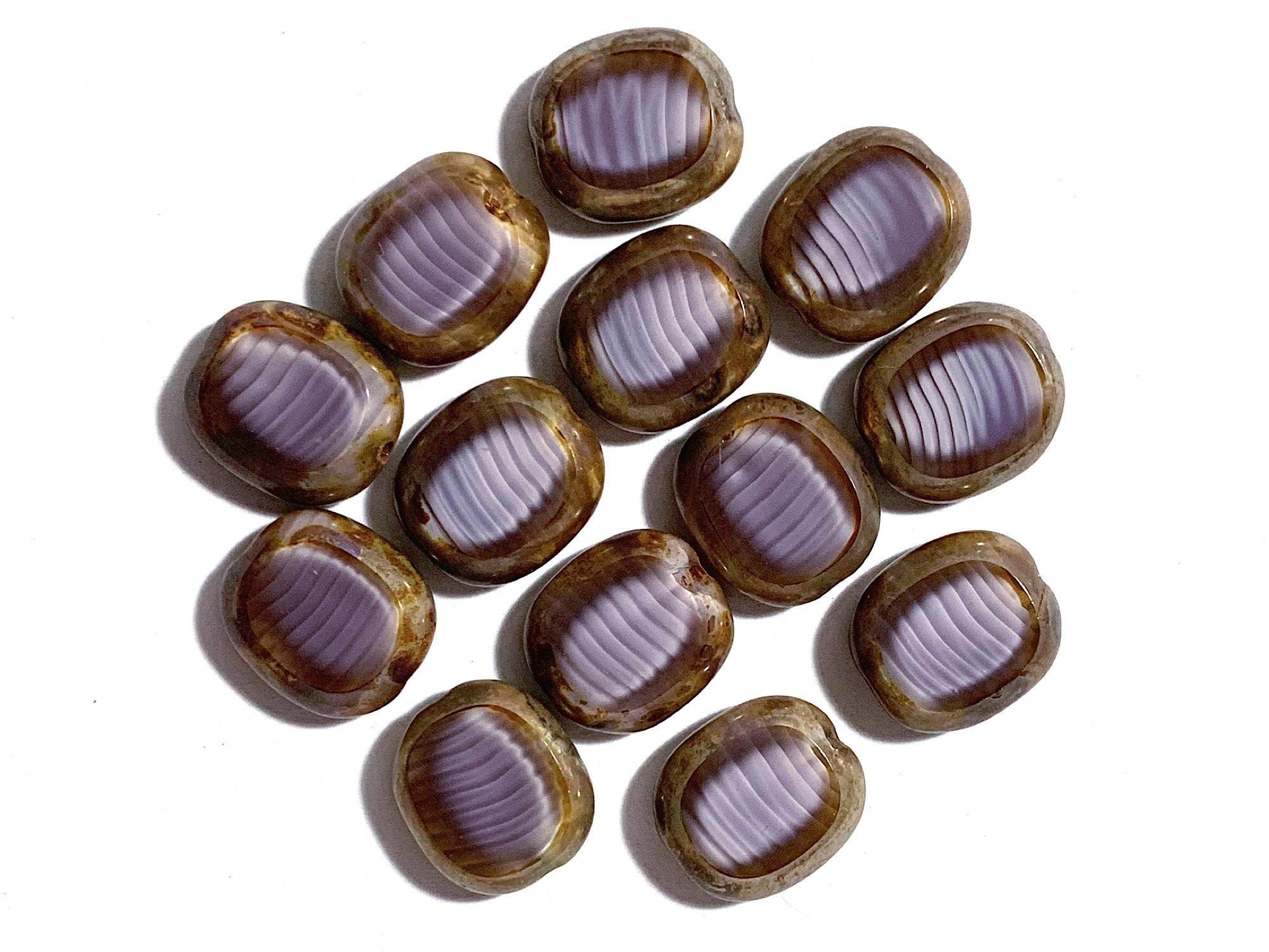 Six large silky oval Czech glass beads, 14 x 12mm amethyst purple marbled glass, flat table cut window beads with a picasso finish C0231