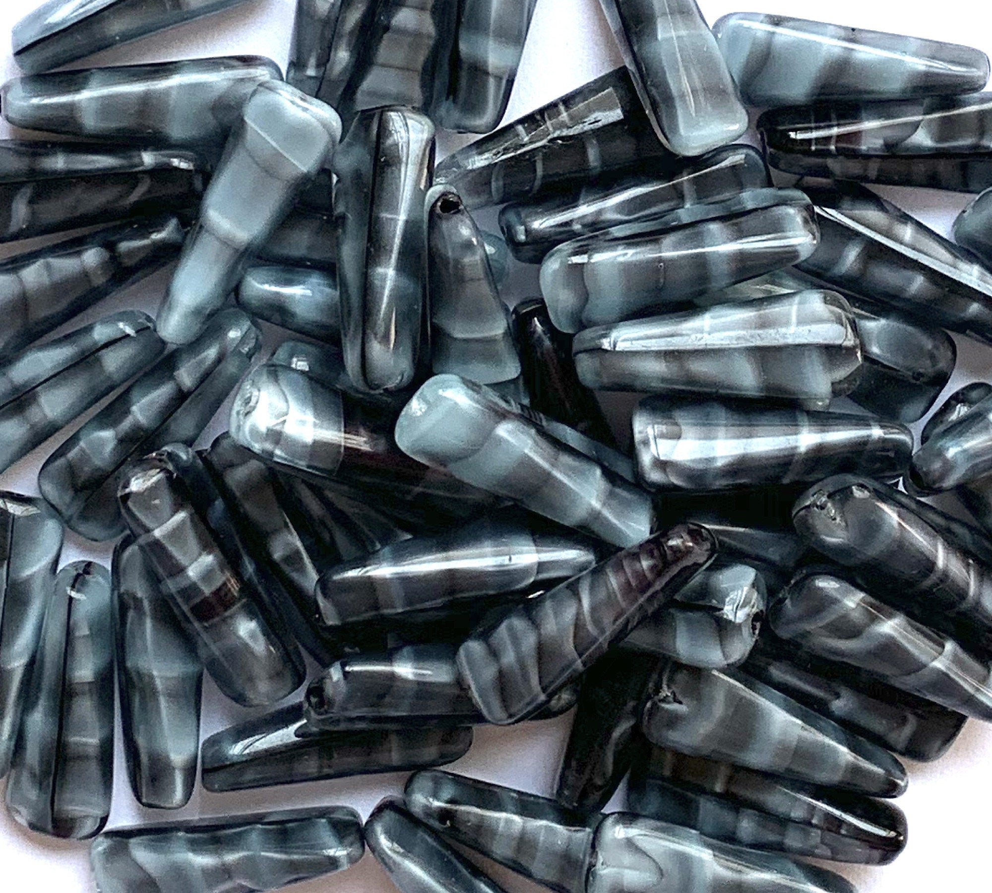 15 Czech glass triangle tube beads - 6 x 17mm marbled, striped blue & gray wedge shaped tube beads C0721