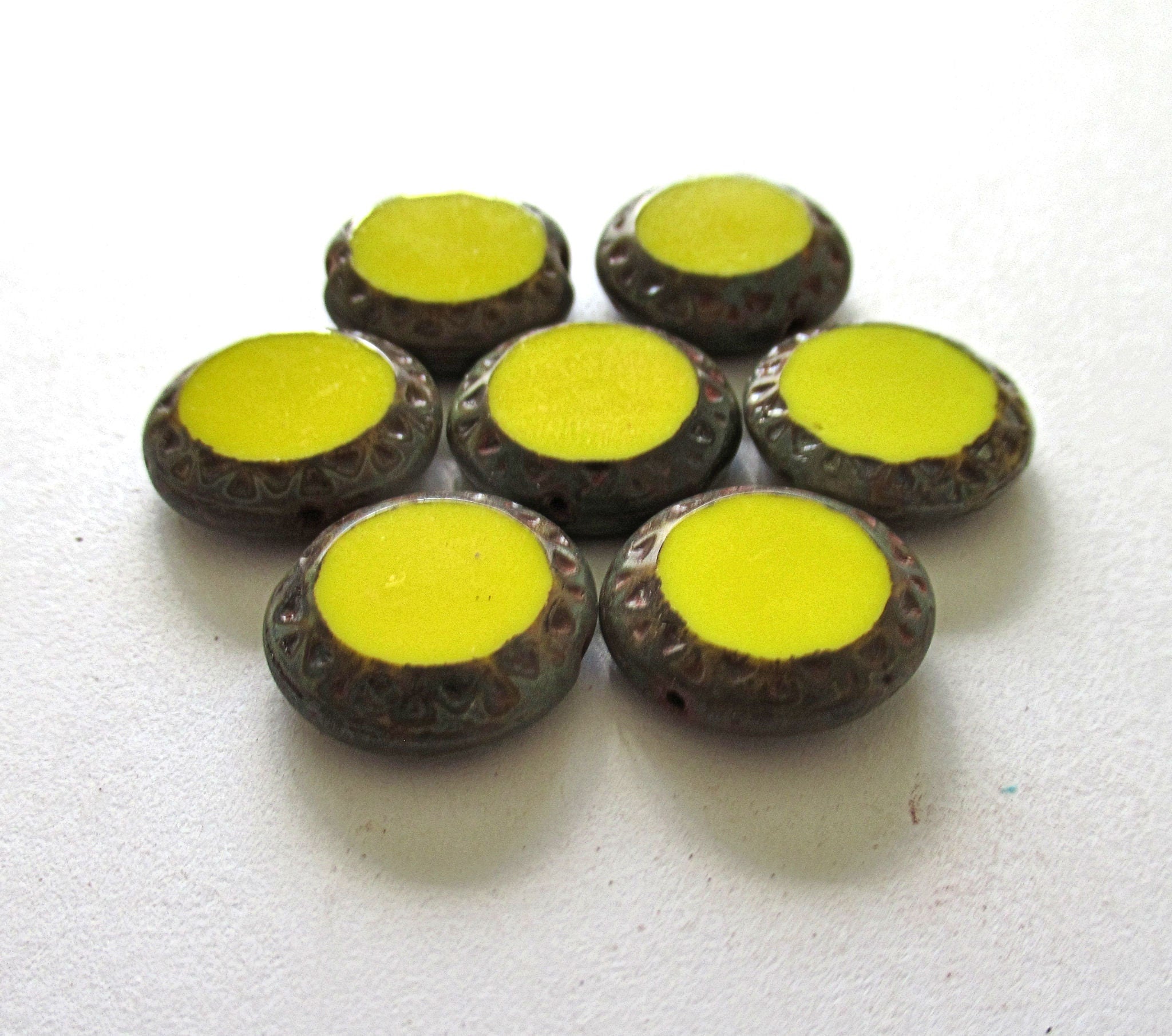 Six 16mm Czech glass coin or disc beads - opaque yellow picasso beads - table cut carved beads w/ textured edges - C00941