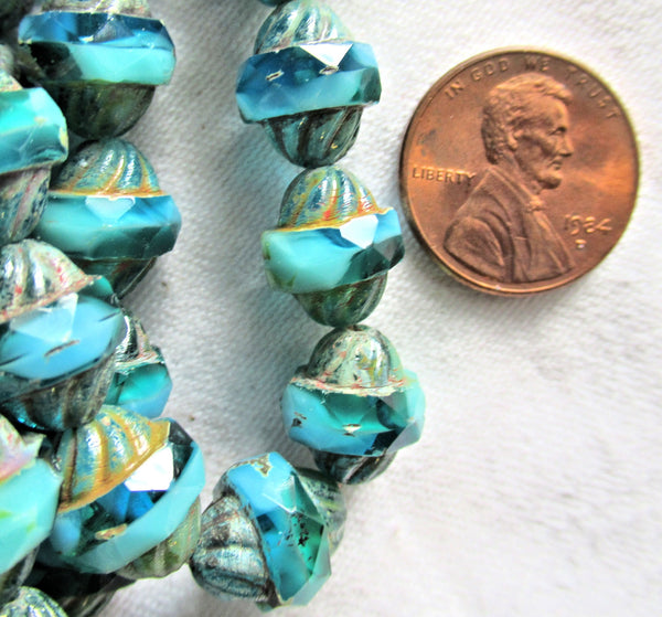 Five Czech glass turbine beads - 11 x 10mm opaque & transparent mix of aqua blue beads with a picasso finish, saturn beads C72101