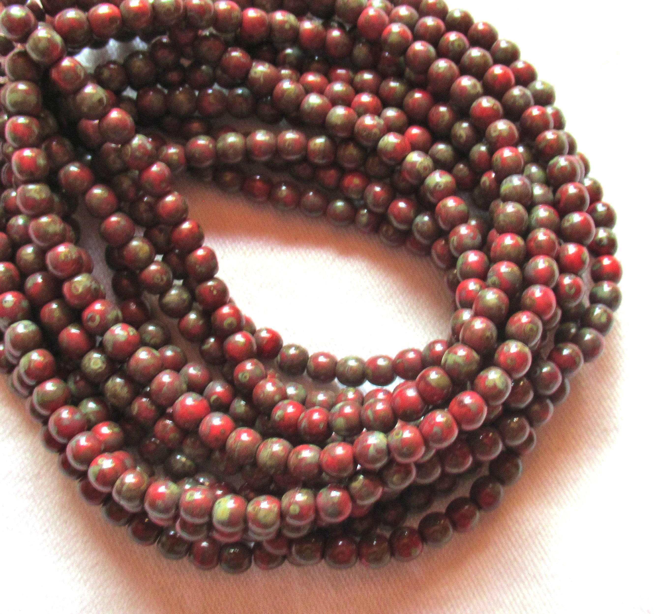 50 4mm Czech glass red picasso druk beads - earth tones - opaque red beads with a full picasso coat - earthy rustic smooth round druks