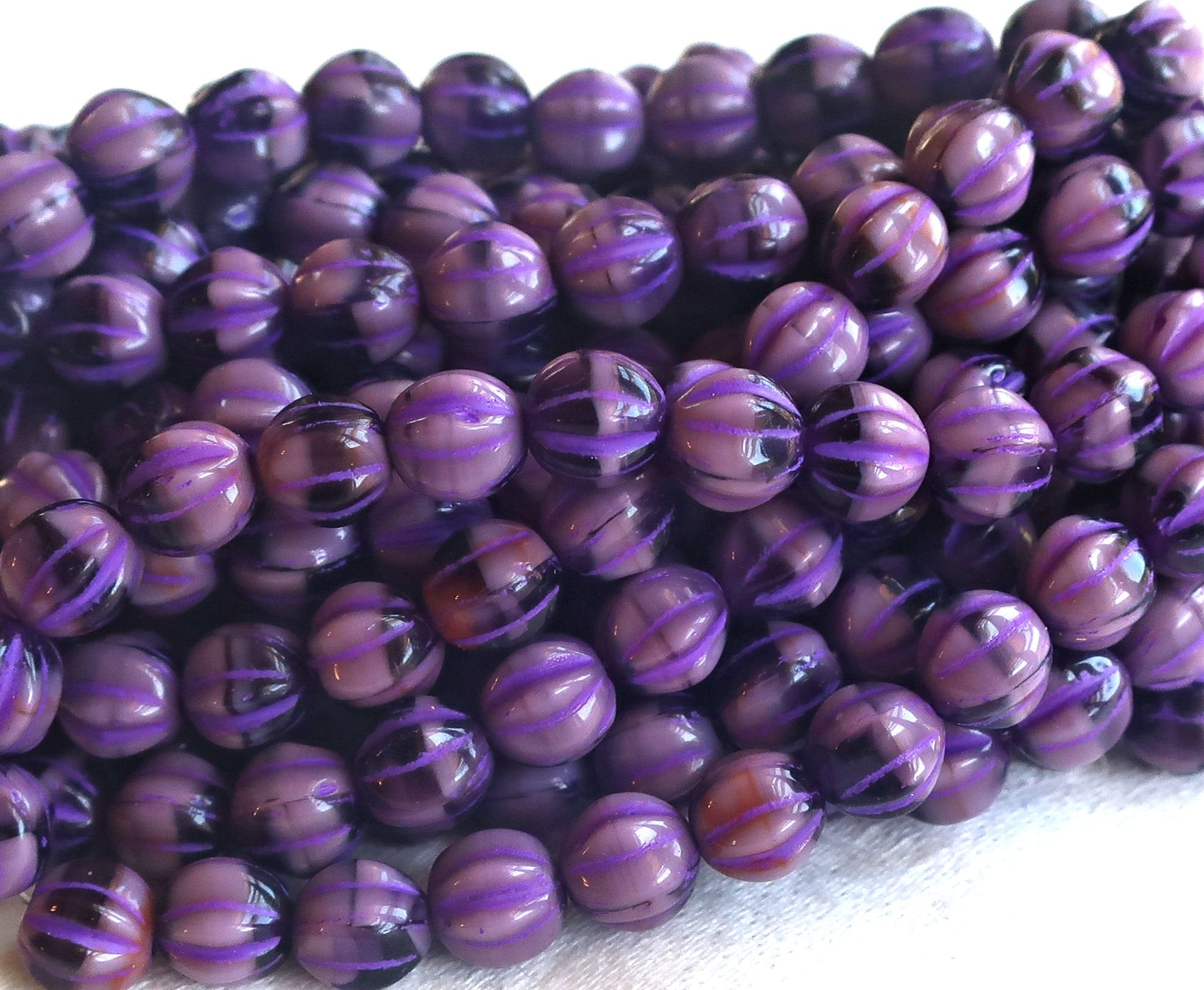 25 Czech glass melon beads, 6mm opaque purple, amethyst pressed glass beads C0901 - Glorious Glass Beads