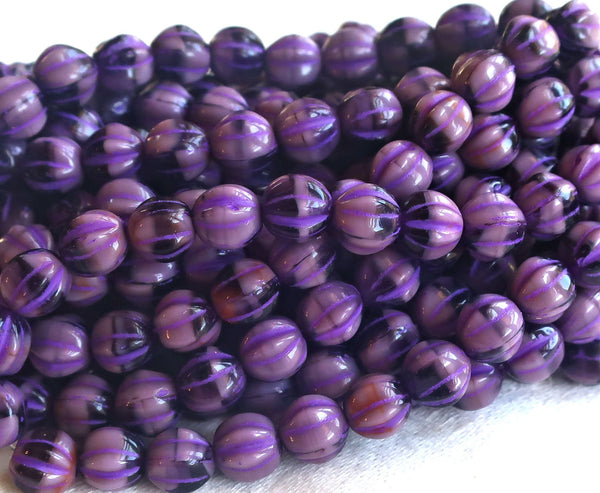 25 Czech glass melon beads, 6mm opaque purple, amethyst pressed glass beads C0901