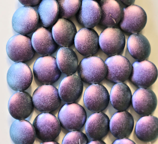 Lot of 8 Czech glass coin beads - 14mm puffy pillow beads - Polychrome Orchid Aqua - purple C0601