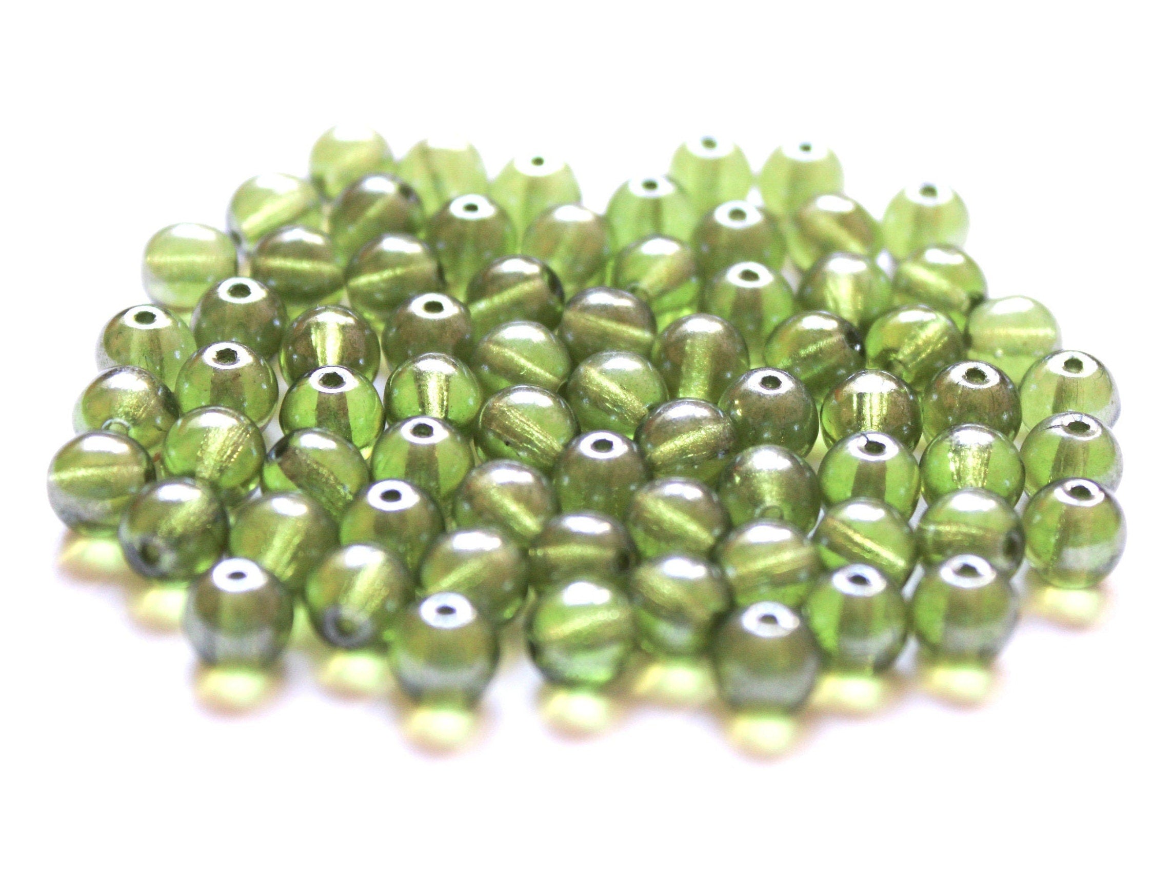 Lot of 50 6mm Czech glass druks, olivine green shimmer smooth round druk beads C0054