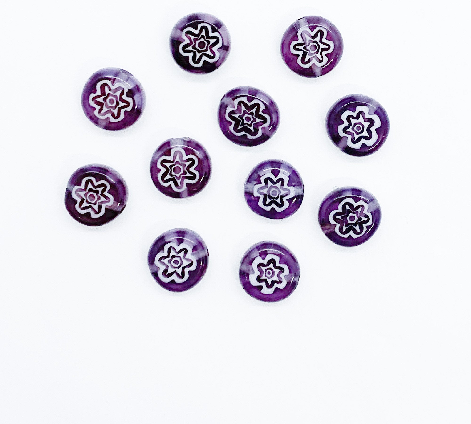 Ten 8mm cane or millefiori glass beads - amethyst purple and white coin or disc beads - C0008