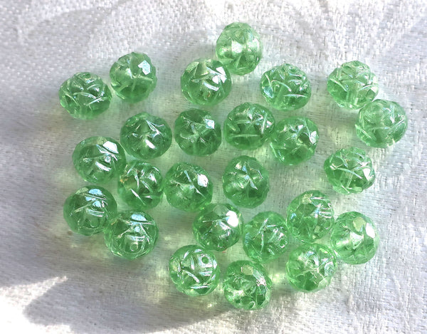 Twelve Luster Peridot Green 7 x 8mm Rosebud beads, faceted, firepolished, antique cut, Czech glass beads C2701