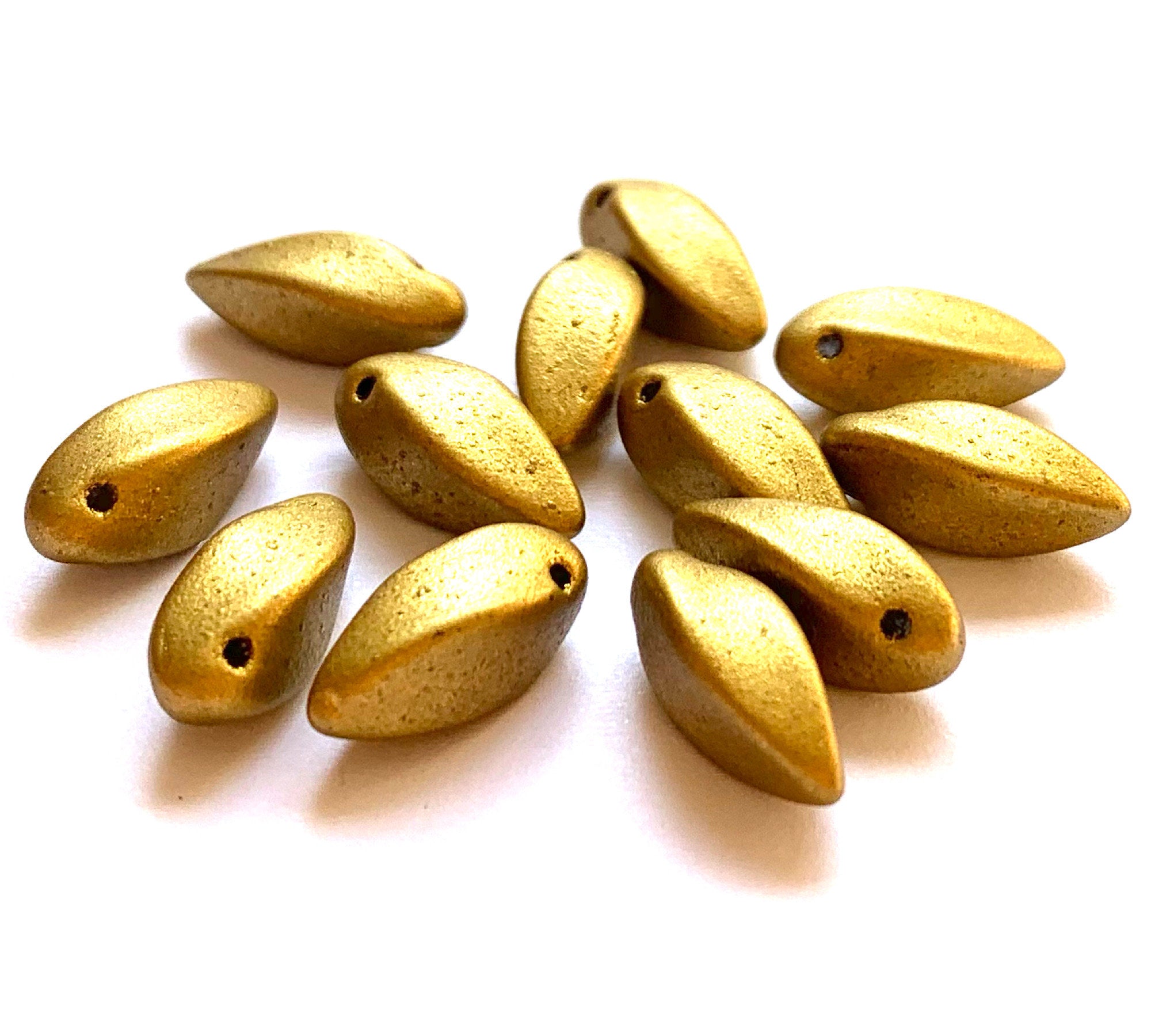 20 Czech glass twisted teardrop, petal or dagger beads - top drilled 6 x 12mm matte metallic gold pressed glass beads C0038