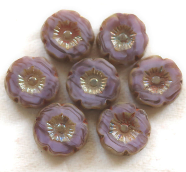 Lot of 10 12mm table cut,, carved,, opaque milky lavender, purple picasso, hibiscus Czech glass flower beads, C02101