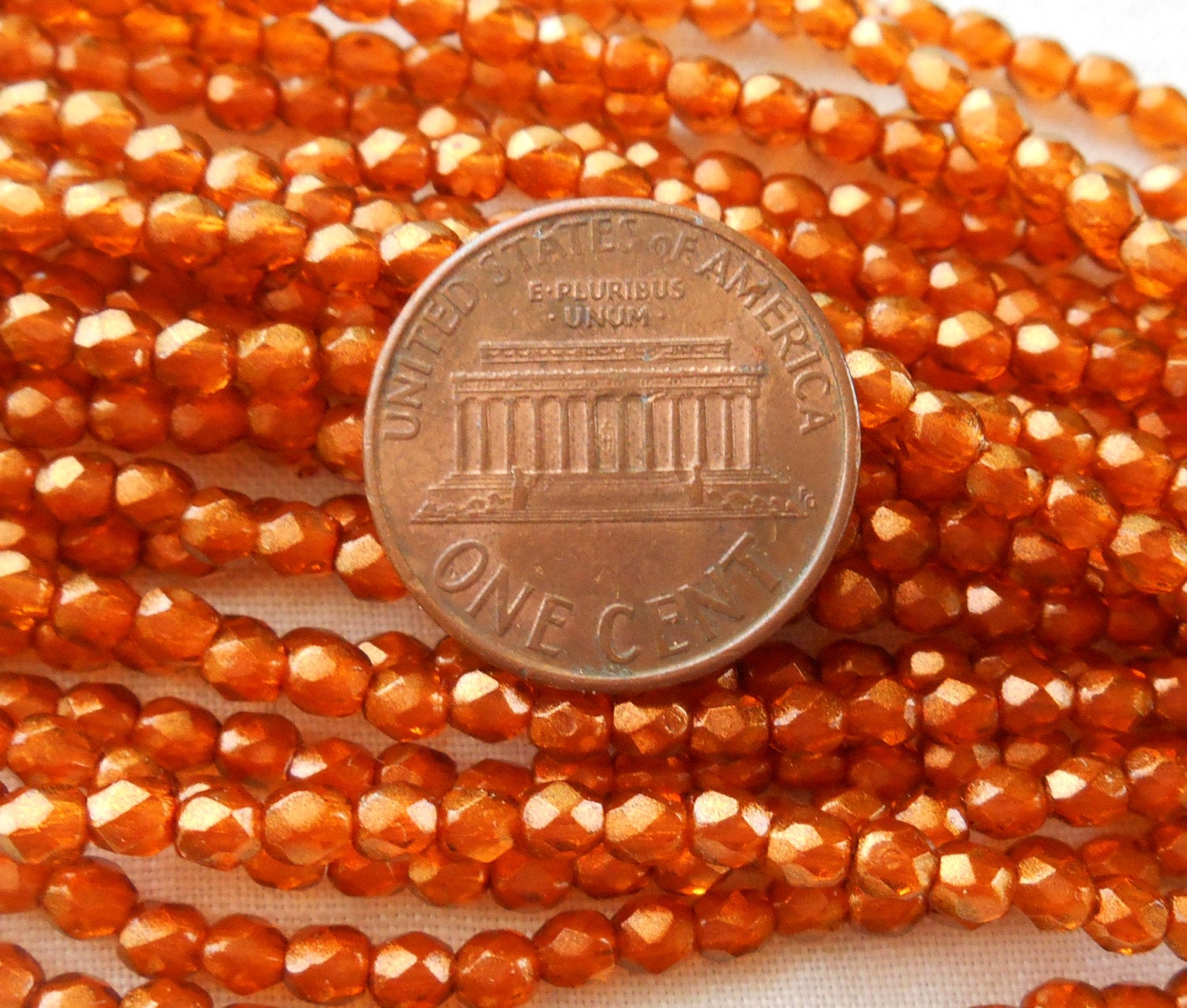 50 3mm Halo Sandalwood Orange Czech beads, Sienna glass over gold, fire polished, faceted round beads, C8650