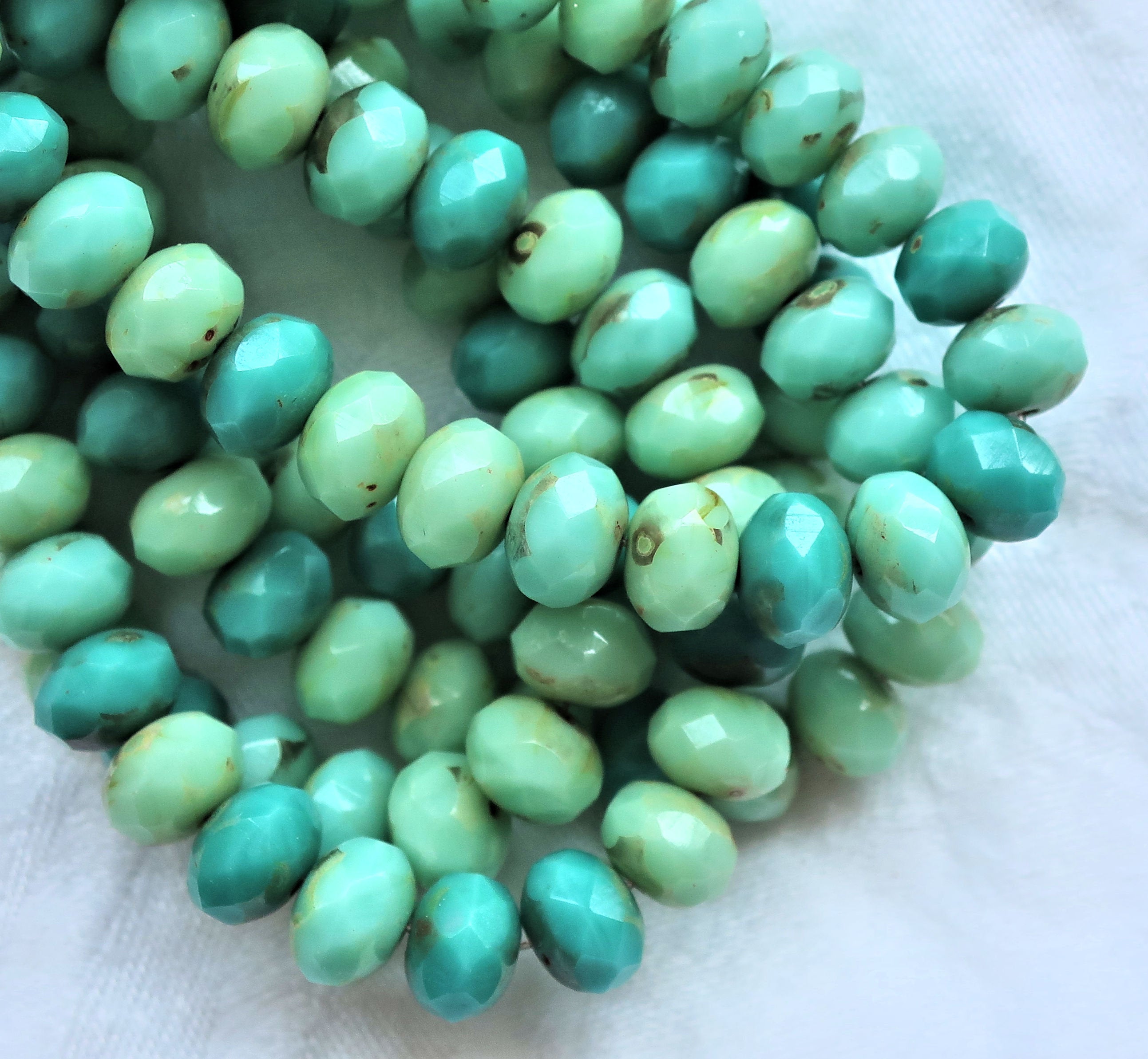 Lot of 25 puffy rondelle beads, turquoise blue green mix with a picasso finish, 8mm x 6mm faceted Czech glass rondelles 07201 - Glorious Glass Beads