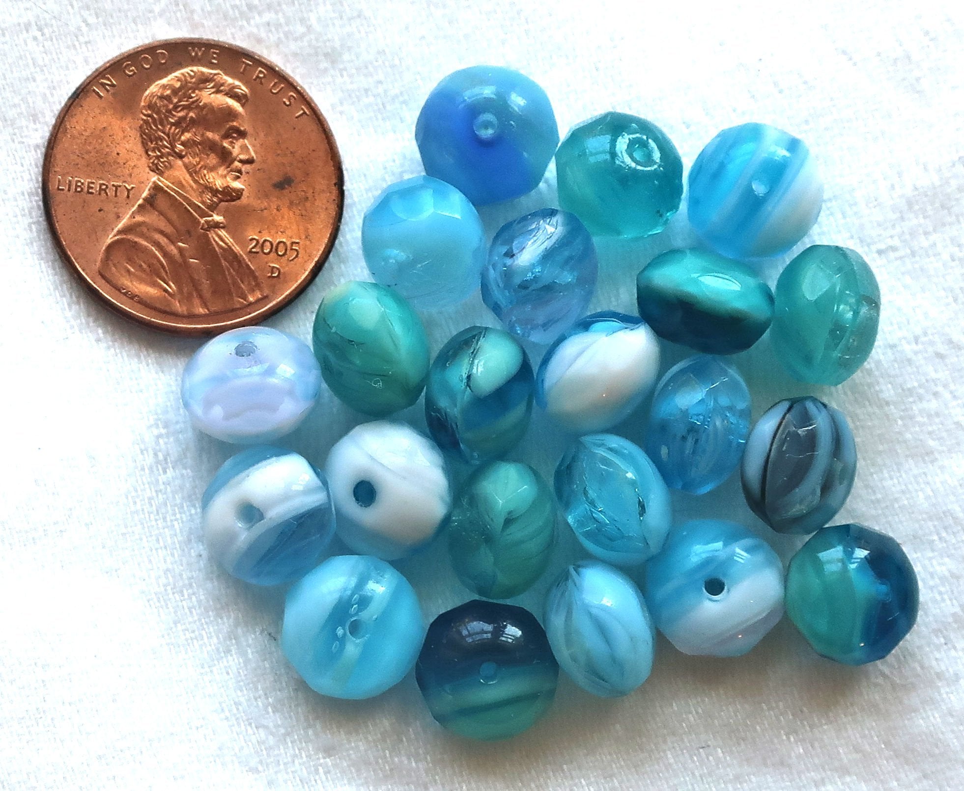 25 Czech glass puffy rondelles, 6 x 8mm transparent & opaque aqua blue and white color mix, faceted puffy rondelle beads, sale price 03101 - Glorious Glass Beads