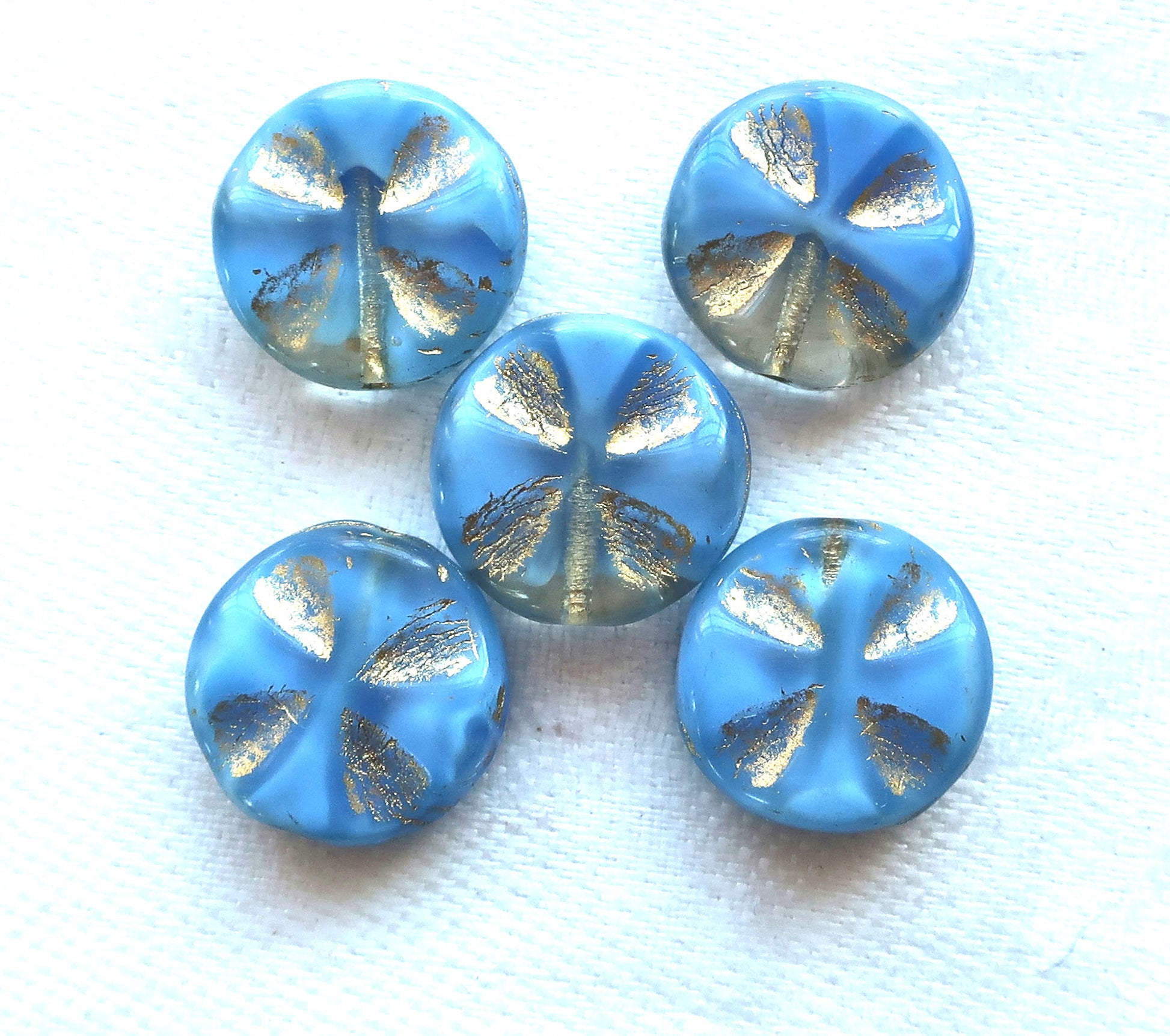 Five Czech glass coin beads, 14mm opaque blue & clear glass with gold accents, table-cut, carved, disc beads, Celtic, Iron cross C5701 - Glorious Glass Beads