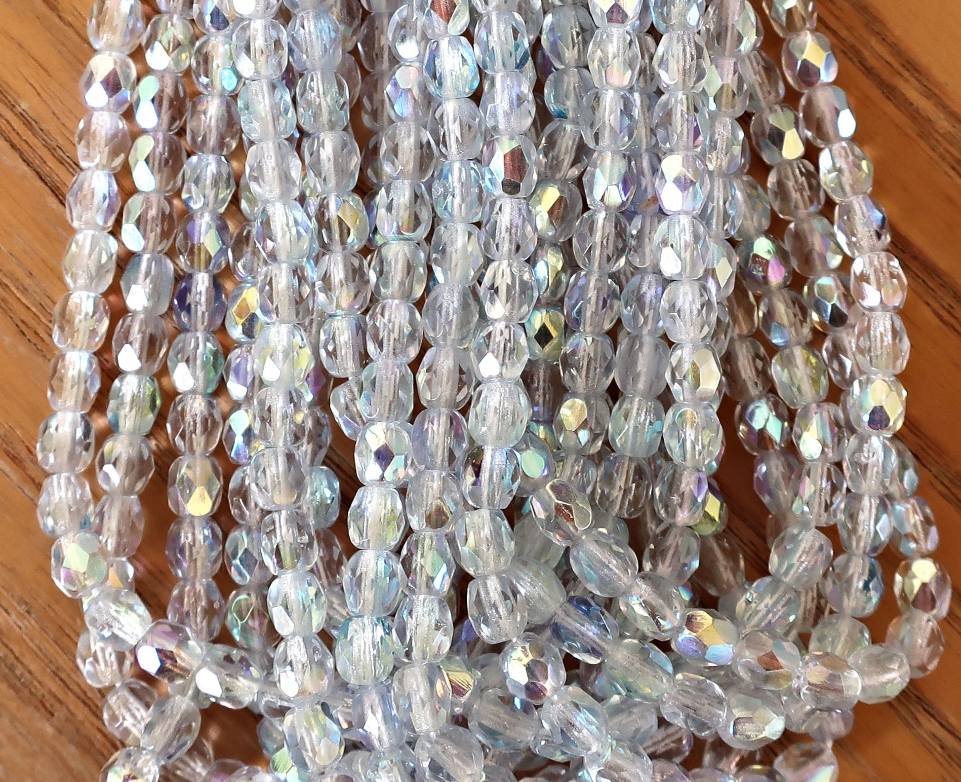 Lot of 50 4mm Czech Light Sapphire Blue AB Czech glass beads, firepolished faceted round beads C3650 - Glorious Glass Beads