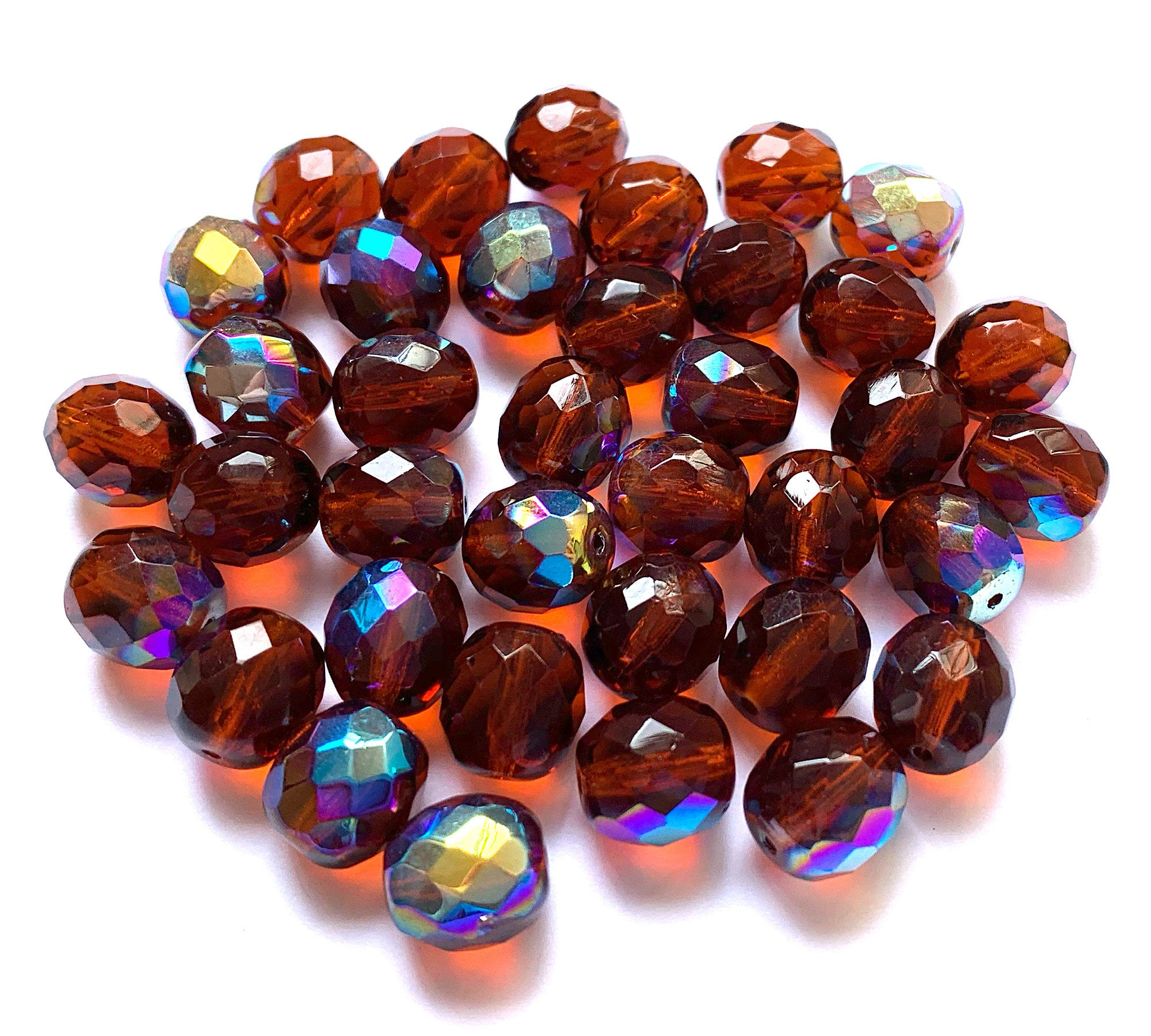 Twenty Czech glass fire polished faceted round beads - 10mm Madeira topaz AB or brown AB beads C0088