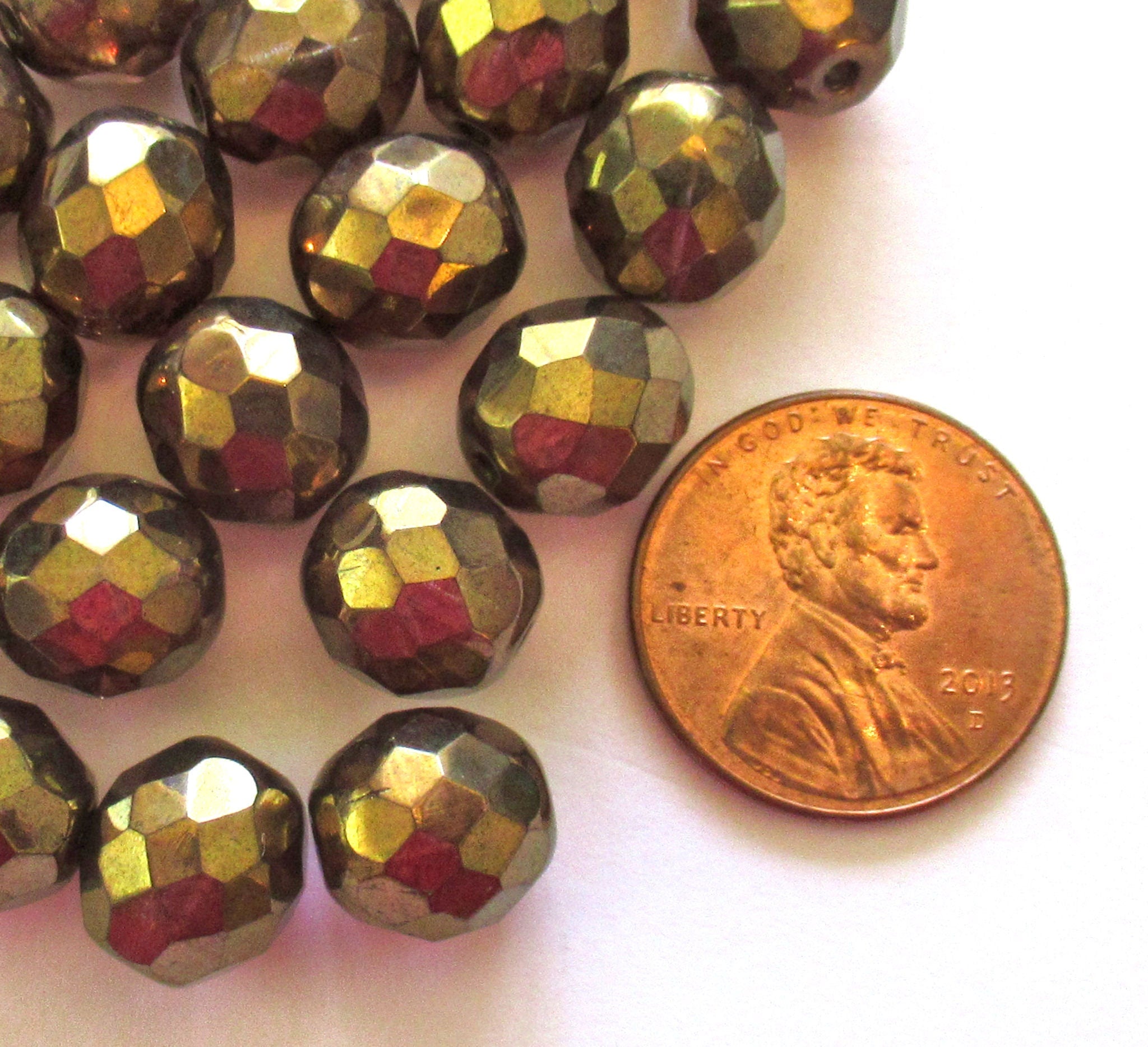 Twenty 10mm Czech glass beads - faceted, fire polished lumi brown iridescent beads C00901